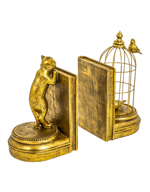 Antique Gold Curious Cat Pair of Bookends