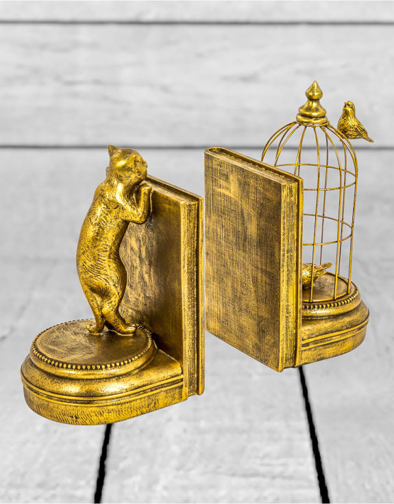 Antique Gold Curious Cat Pair of Bookends
