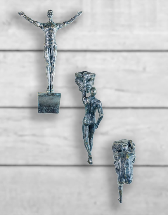 Set of 3 Antique Bronze Rock Climbing Men Wall Figures