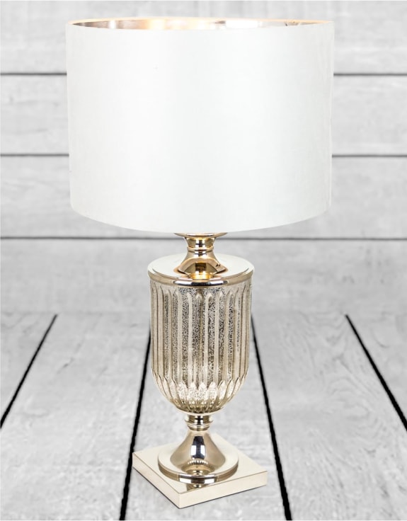 Antiqued Glass Urn Lamp with Silver Velvet Cylinder Shade