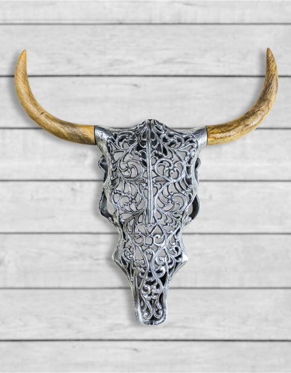 Aluminium and Wood Tribal Bison Wall Head