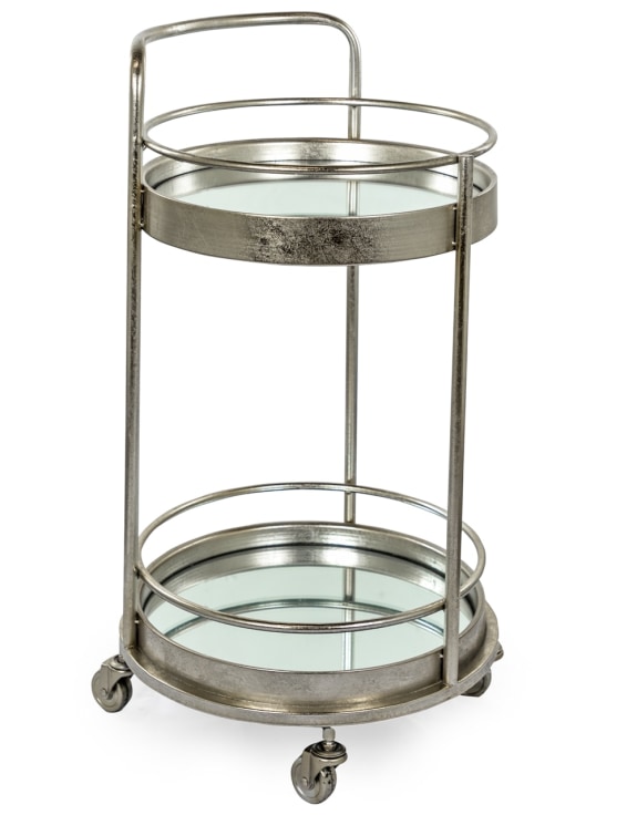 Antique Silver/Champagne Leaf Metal Small Round Bar Trolley with Mirror Shelves