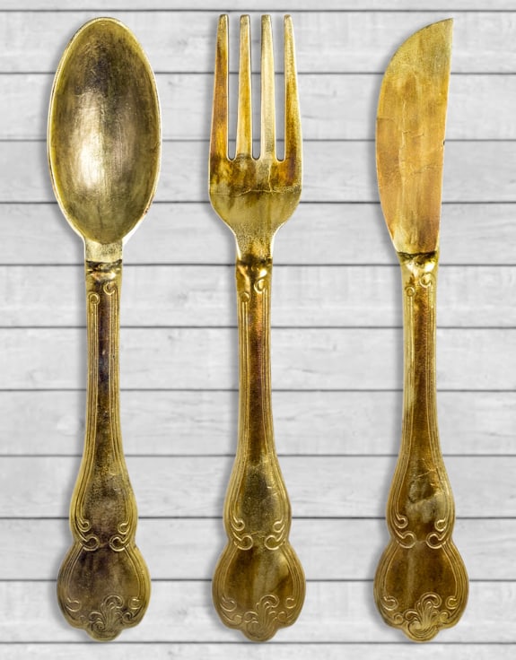 Antique Gold Aluminium Fork, Knife & Spoon Set Wall Hangings