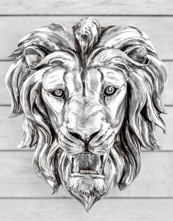 Large Silver Roaring Lion Wall Head