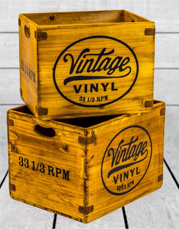 Set of 2 Antiqued Wooden "Vintage Vinyl" LP Record Storage Boxes