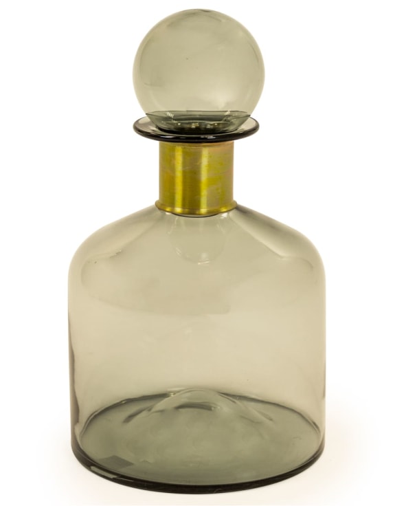 Large Smoke Grey Glass Apothecary Bottle with Brass Neck