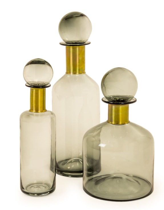 Tall Smoke Grey Glass Apothecary Bottle with Brass Neck