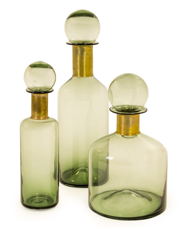 Large Green Glass Apothecary Bottle with Brass Neck