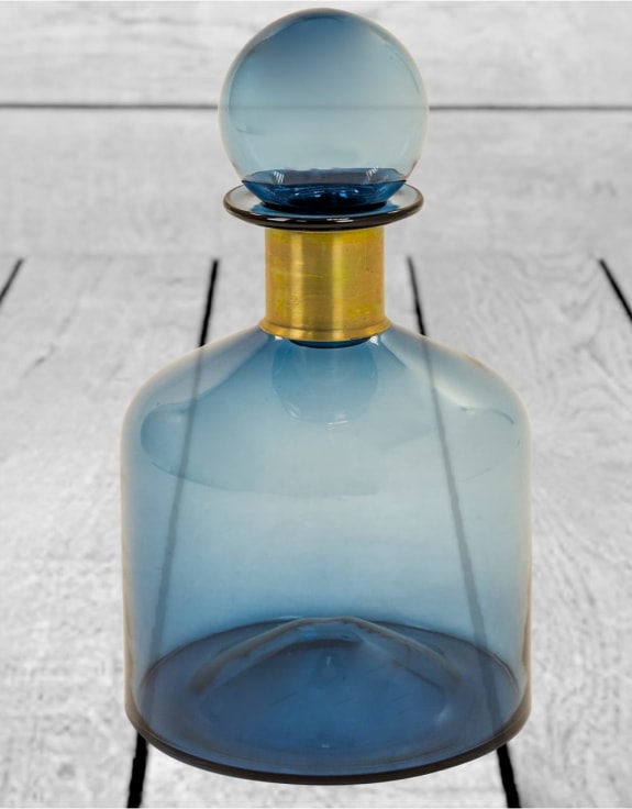 Large Blue Glass Apothecary Bottle with Brass Neck