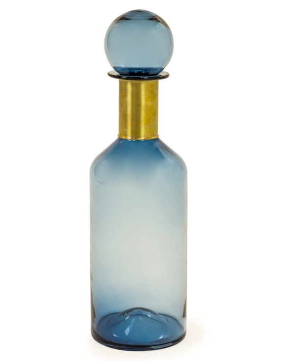 Tall Blue Glass Apothecary Bottle with Brass Neck