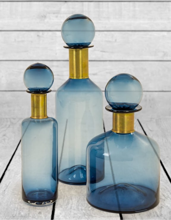 Tall Blue Glass Apothecary Bottle with Brass Neck