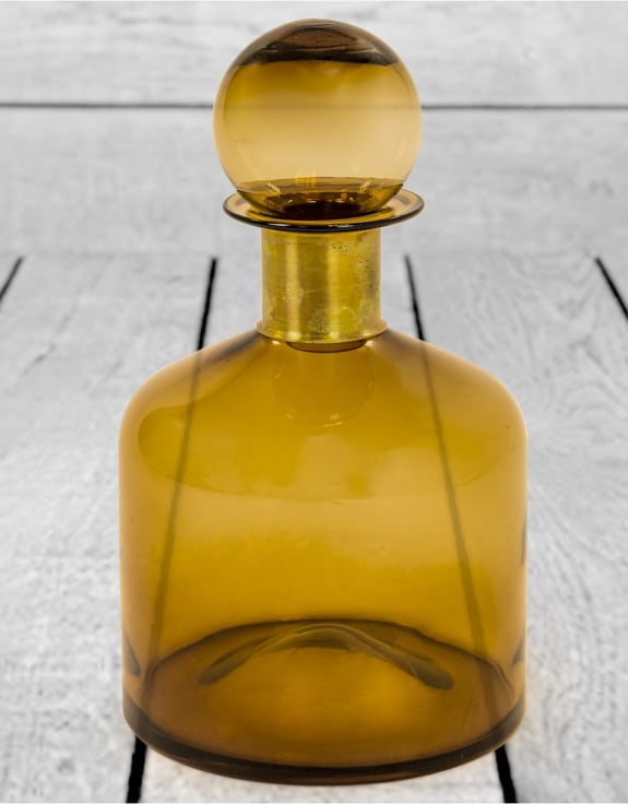 Large Brown Glass Apothecary Bottle with Brass Neck