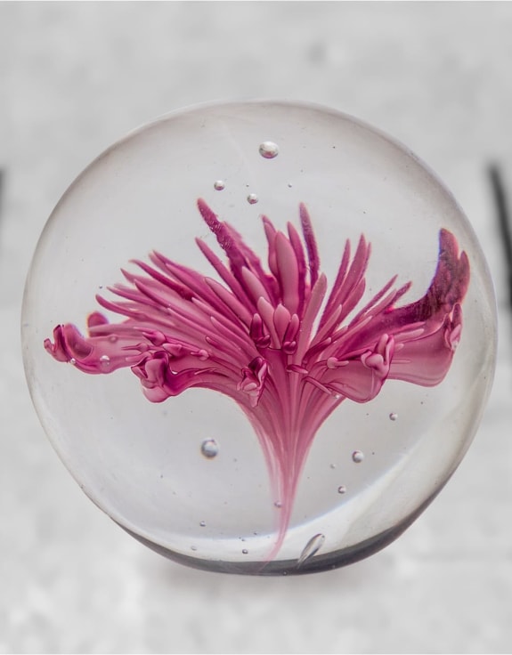 Large Purple & White Flower Glass Ball Paperweight with Gift Box