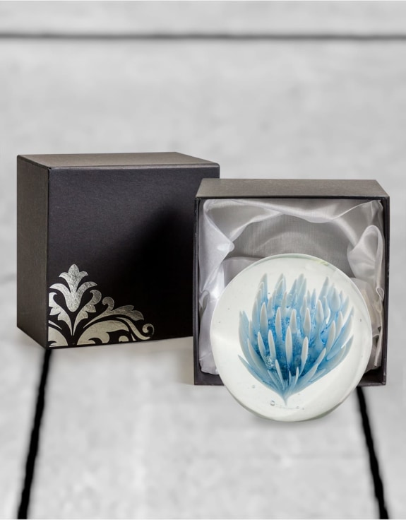 Large Blue & White Flower Glass Ball Paperweight with Gift Box