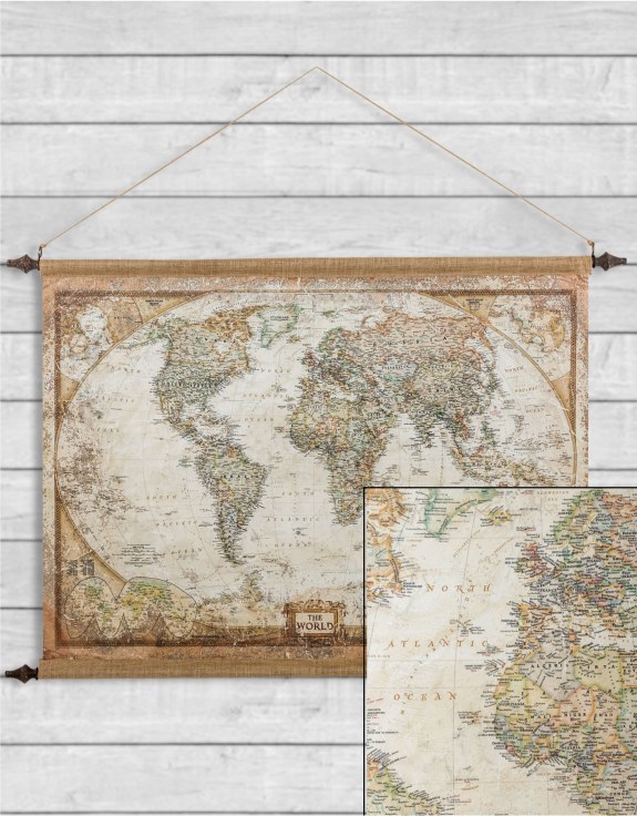 Large Antiqued Wall Hanging Canvas World Map