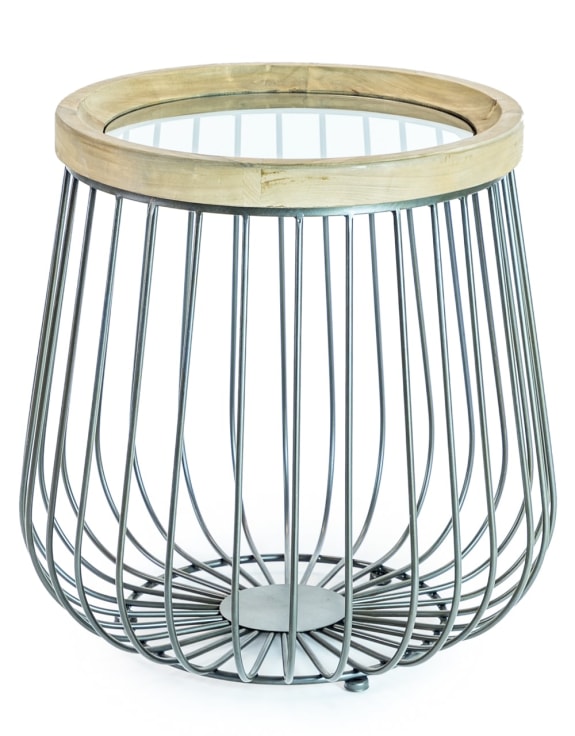 Set of 2 Iron, Wood and Glass Round Side Tables