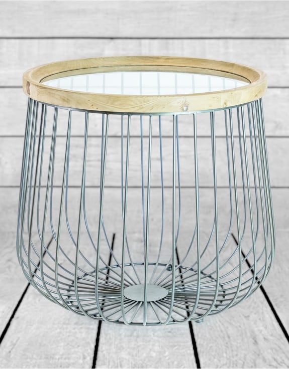 Set of 2 Iron, Wood and Glass Round Side Tables