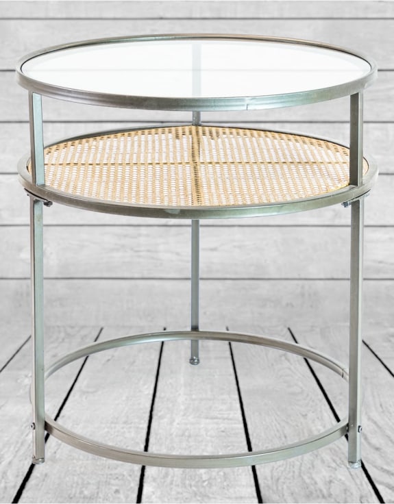 Iron, Glass and Rustic Metal Rattan Set of 2 Round Side Tables