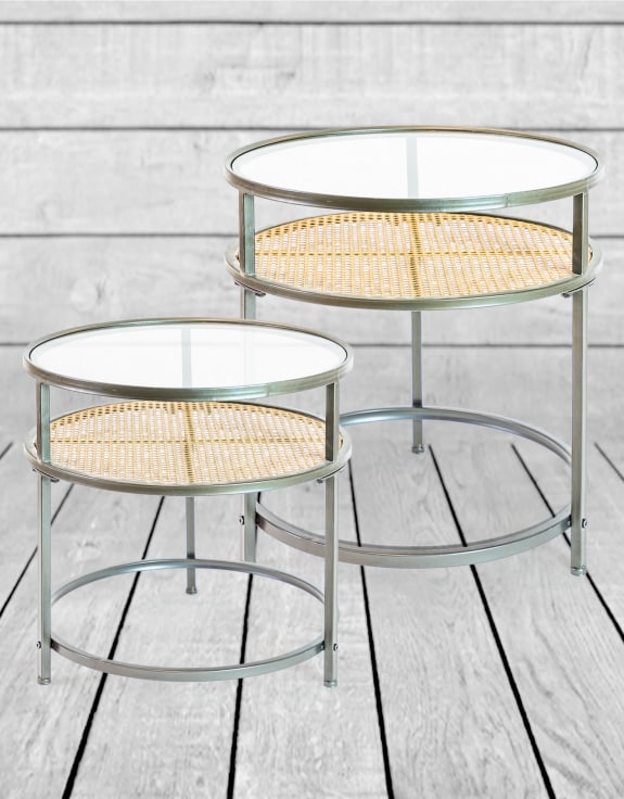 Iron, Glass and Rustic Metal Rattan Set of 2 Round Side Tables