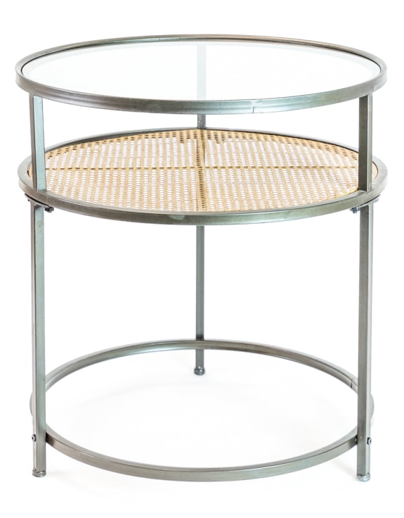 Iron, Glass and Rustic Metal Rattan Set of 2 Round Side Tables