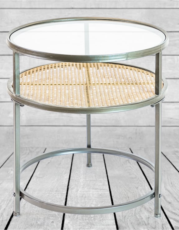 Iron, Glass and Rustic Metal Rattan Set of 2 Round Side Tables