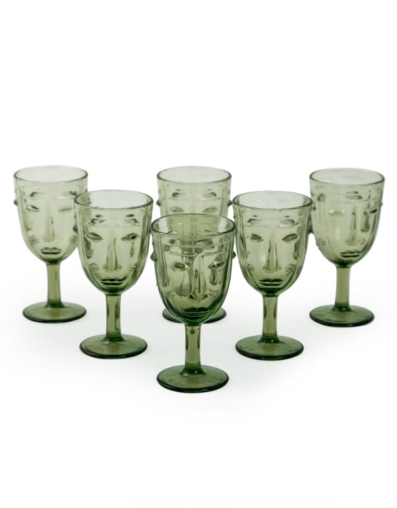 Set of 6 Green Deco Face Wine Glasses