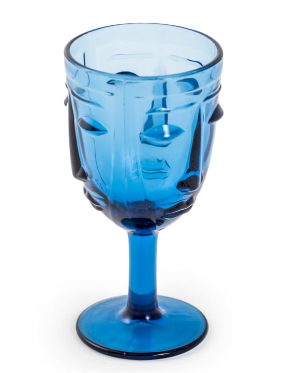 Set of 6 Blue Deco Face Wine Glasses