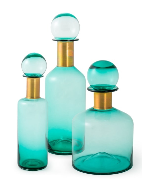 Large Teal Glass Apothecary Bottle with Brass Neck
