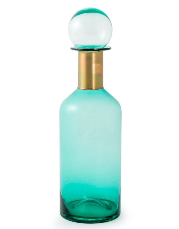 Tall Teal Glass Apothecary Bottle with Brass Neck