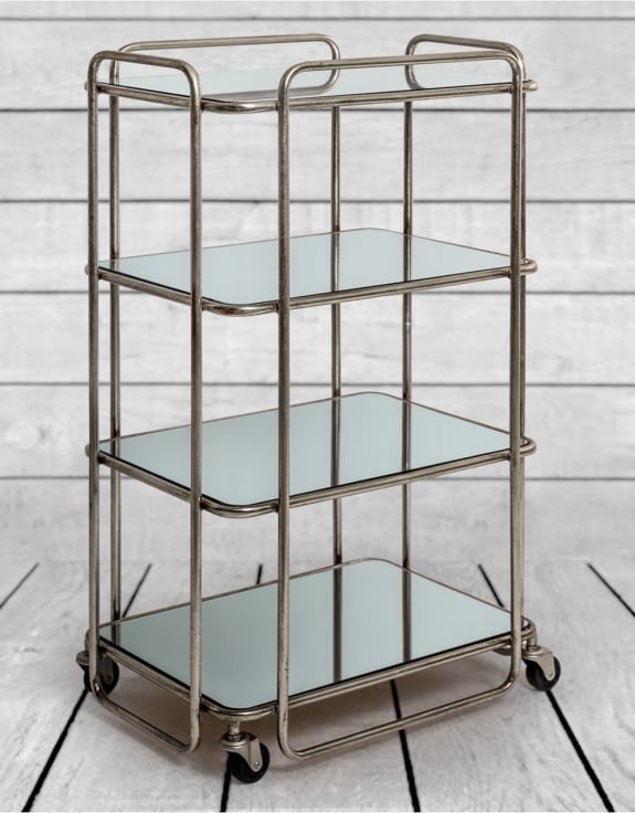 Antique Silver/Champagne Leaf Metal Bar Trolley with Mirror Shelves