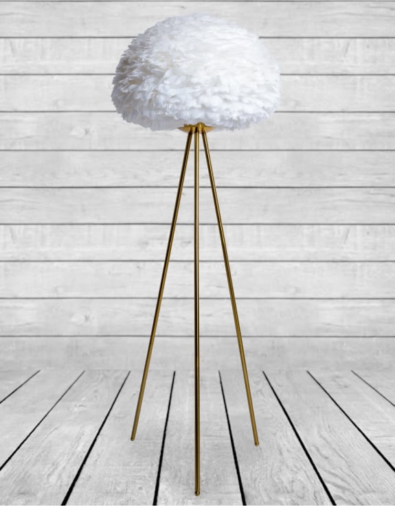 Brushed Brass Tripod Floor Lamp with White Feather Shade