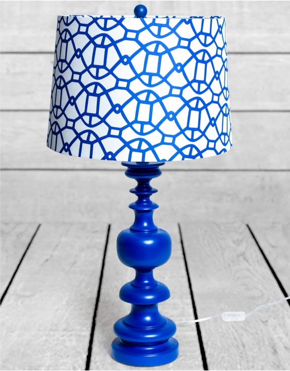 Matt Blue Column Table Lamp with Patterned Shade