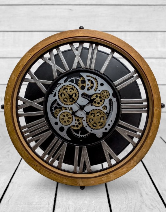 Industrial Wood and Iron Moving Gears Clock Coffee Table