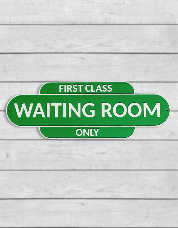 Cast Iron Antiqued Green & White "First Class Waiting Room" Wall Sign