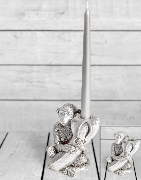 Antique Silver Monkey with Banana Candle Holder