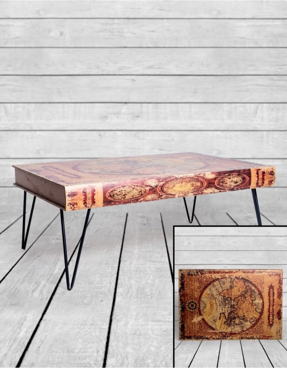 Antiqued Atlas/Book Coffee Table with Hairpin Legs