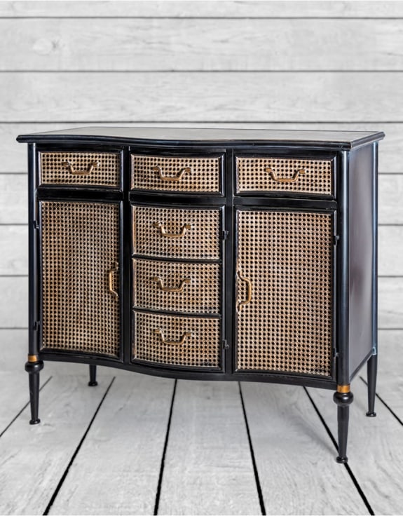 Antiqued Black Side Cabinet with Metal Rattan Cupboards