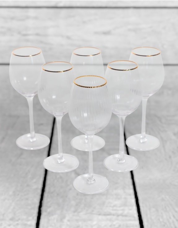 Set of 6 Traditional Wine Glasses with Gold Rims