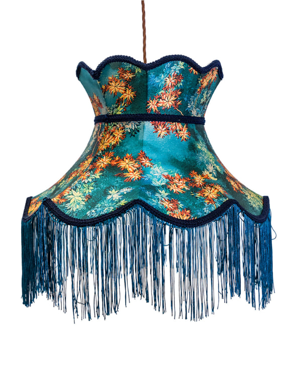 Floral Design Tall Blue Frilled Lampshade (Use As Pendant or Shade)