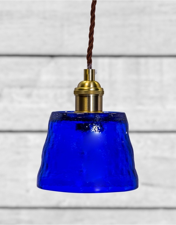 Antique Brass Pendant Light with Blue Glass Shade