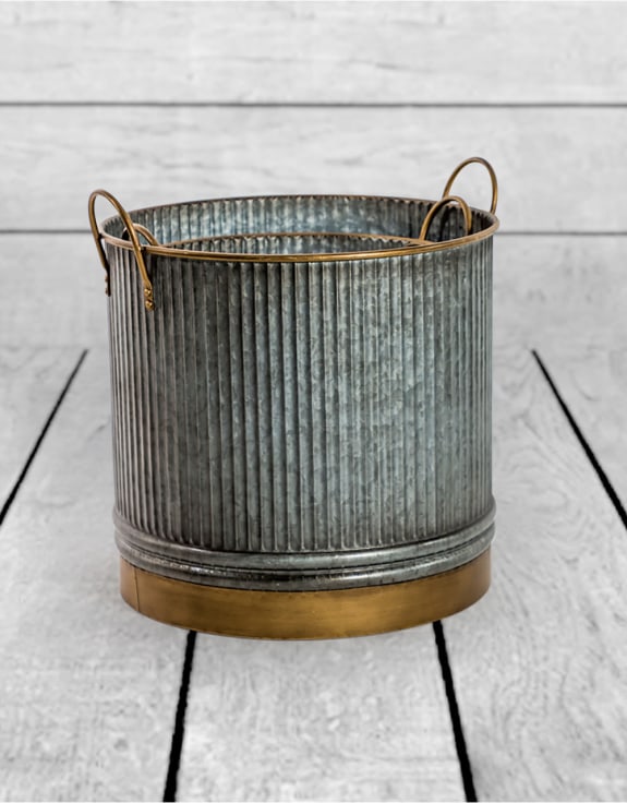 Set of 3 Galvanised with Brass Details Planters