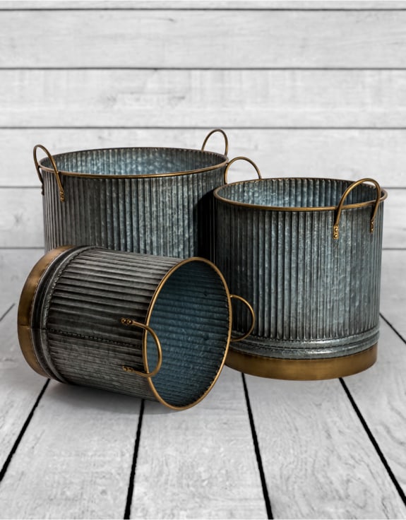 Set of 3 Galvanised with Brass Details Planters