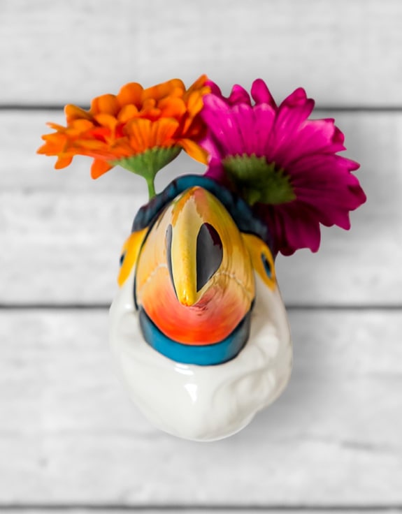 Hand Painted Ceramic Toucan Head Wall Sconce Vase