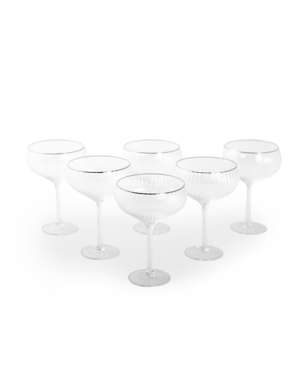 Set of 6 Large Traditional Coupe Champagne Glasses with Silver Rims