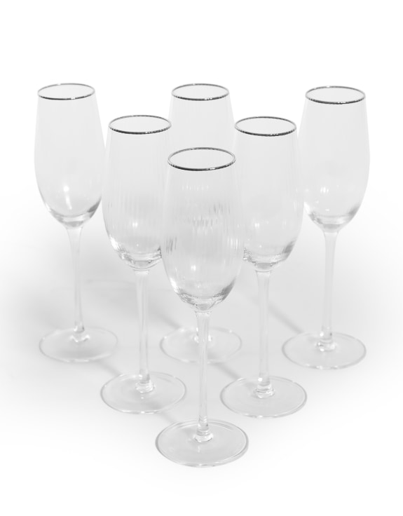 Set of 6 Traditional Champagne Flutes with Silver Rims