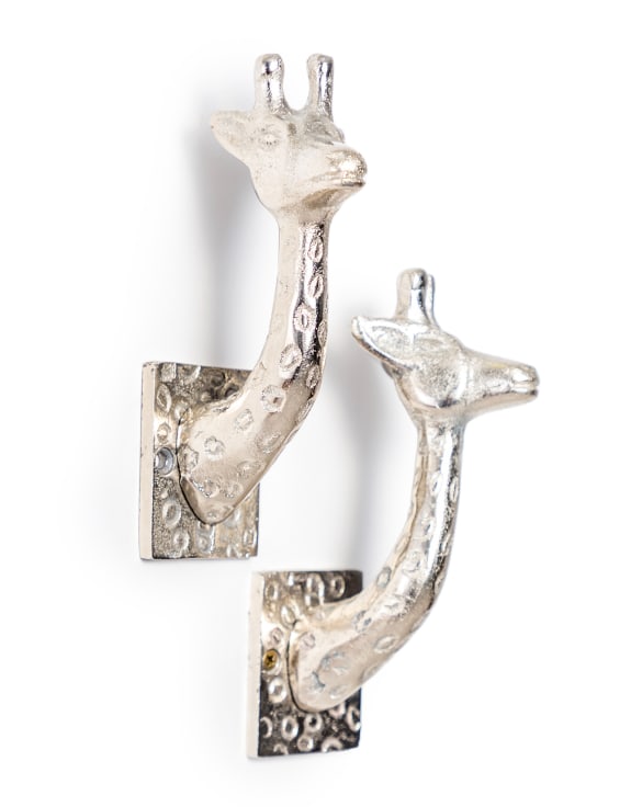 Set of 2 Raw Nickel Giraffe Curtain Holds/Coat Hooks