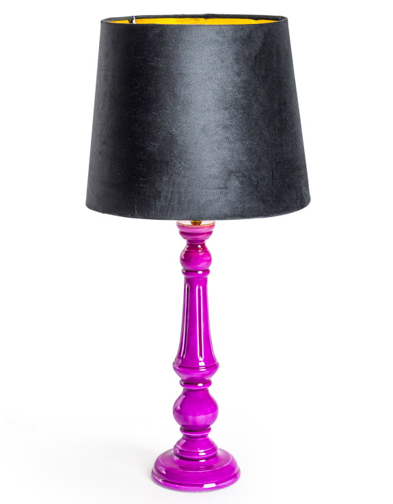 Purple Gloss Wooden Table Lamp with Metallic-Lined Velvet Shade