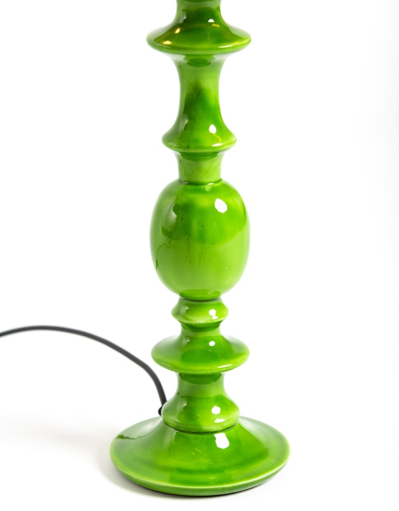 Green Gloss Wooden Table Lamp with Metallic-Lined Velvet Shade