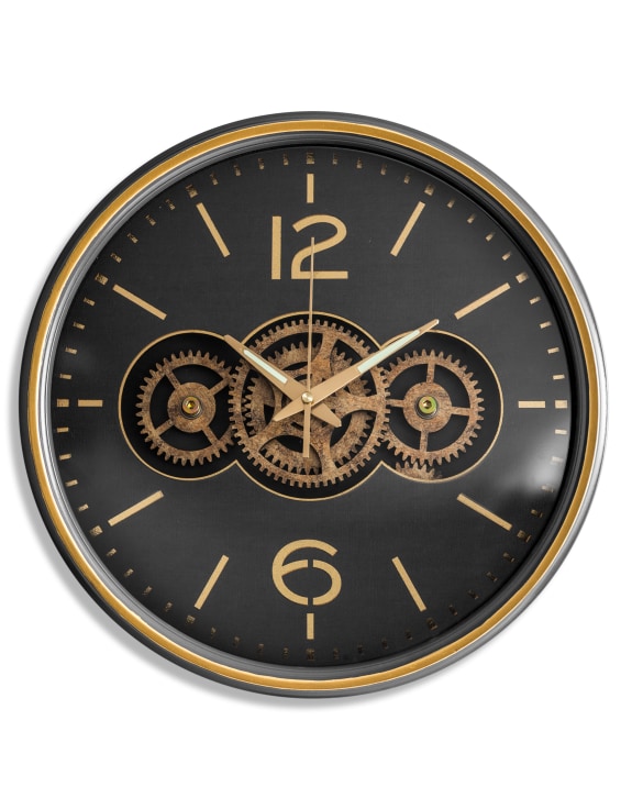 Black with Gold Numerals Moving Gears Clock