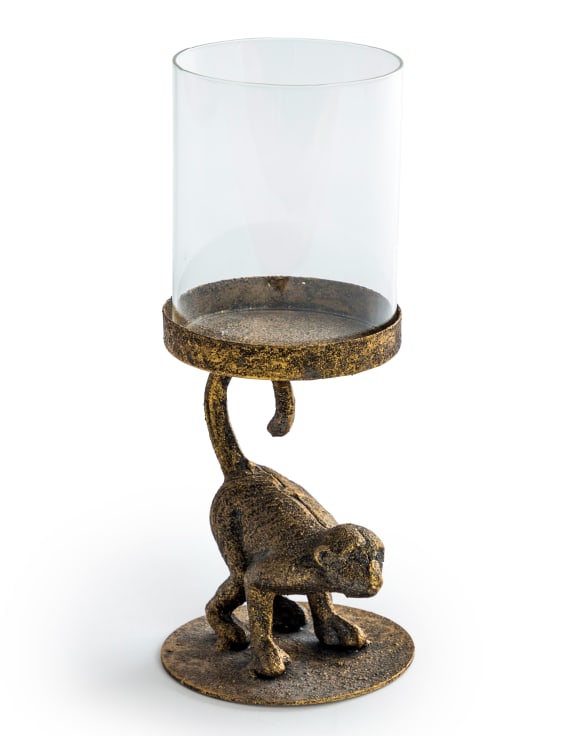 Antiqued Crouching Monkey Candle Holder with Glass Cover